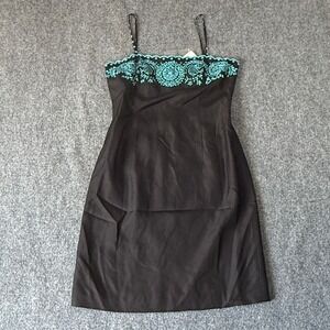 Ann Taylor Black Dress‎ Turquoise Embroidery Spaghetti Strap Cocktail Party 6P